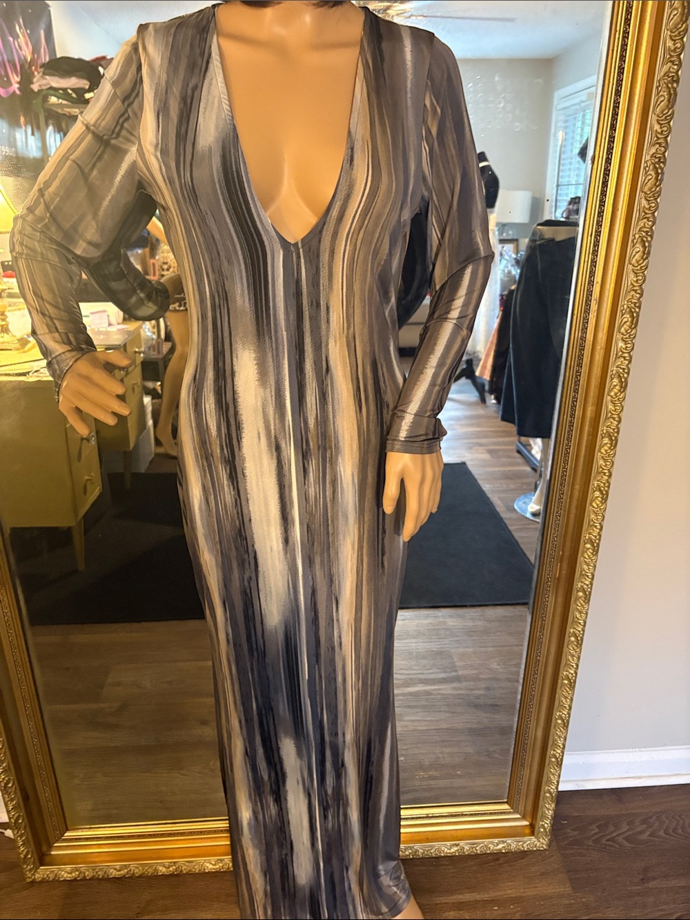 Fashion Nova Gray and Black Striped V-Neck Long Sleeve Maxi Dress